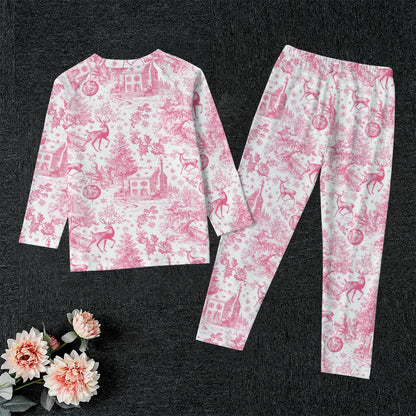 Hot Pink Christmas Toile Kid's Raglan Sleeve Pajamas