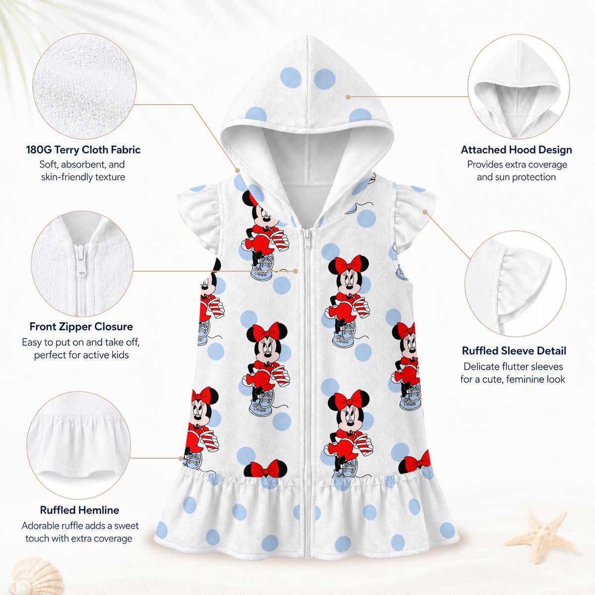 Blue Dot Minnie Girls' Hooded Beach Cover-Up