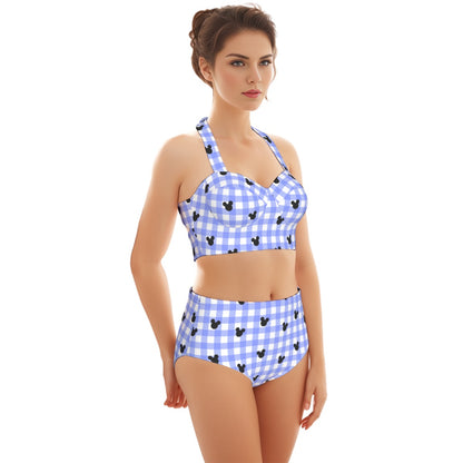 Bright Blue Gingham Women's Swimsuit Set With Halter