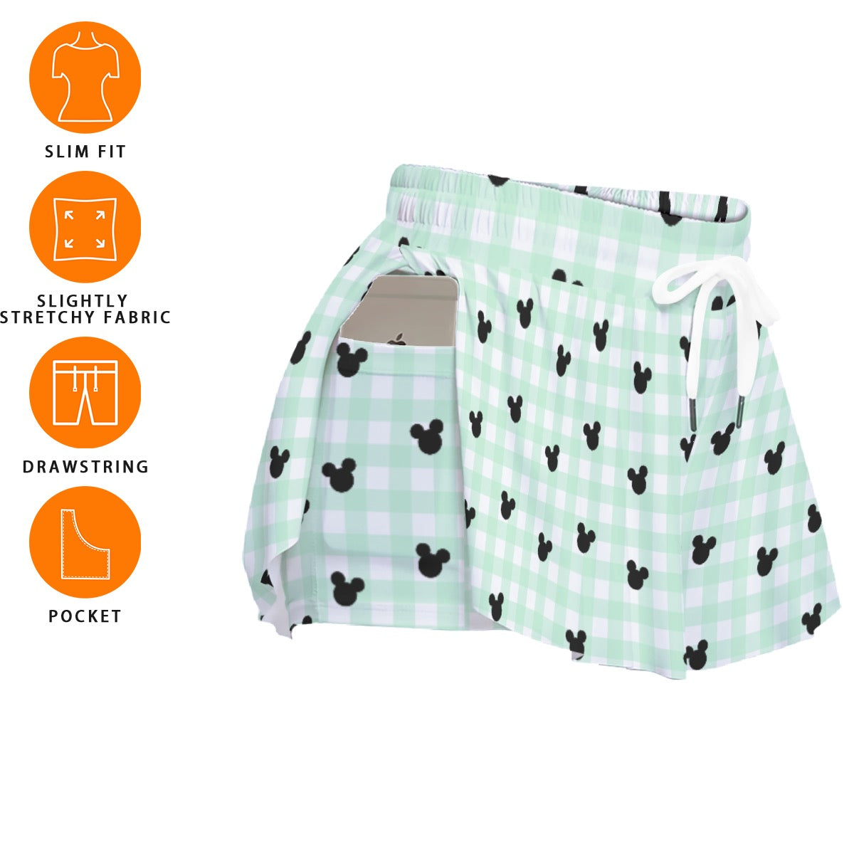 Green Gingham Women's Sport Skorts With Pocket