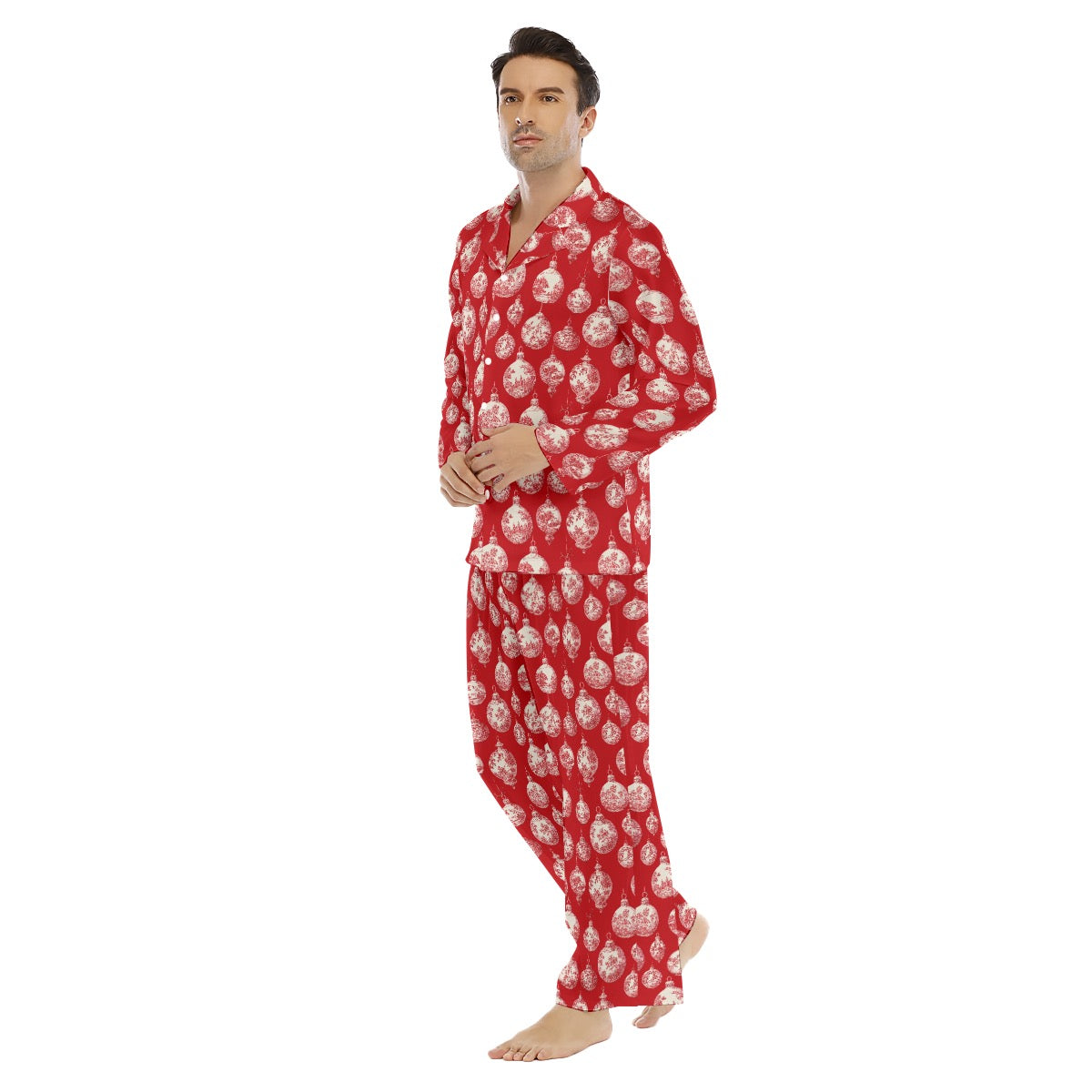 Red Toile Christmas Ornaments Men's Lapel Pajama Set