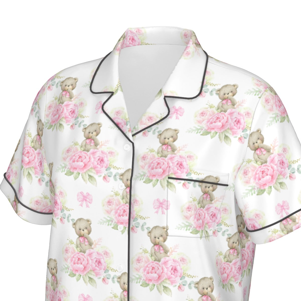 Pink Floral Teddy Bear Women's Pajama Set With Short Sleeve