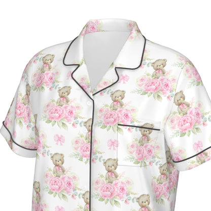 Pink Floral Teddy Bear Women's Pajama Set With Short Sleeve