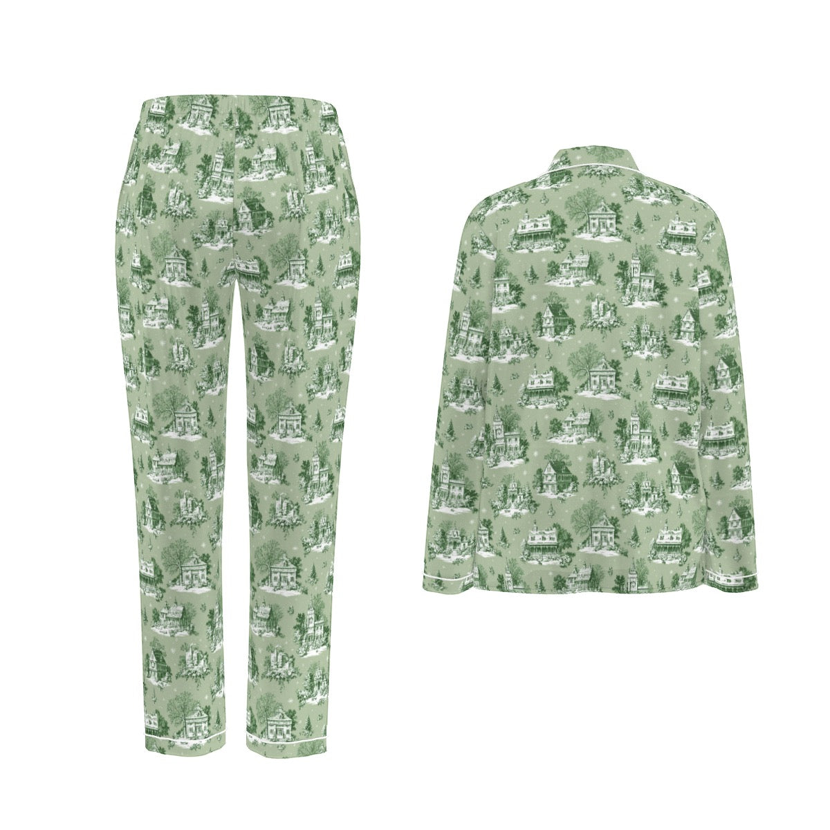 Sage Christmas Toile Women's Long Sleeve Pajama Set With White Contrast Piping