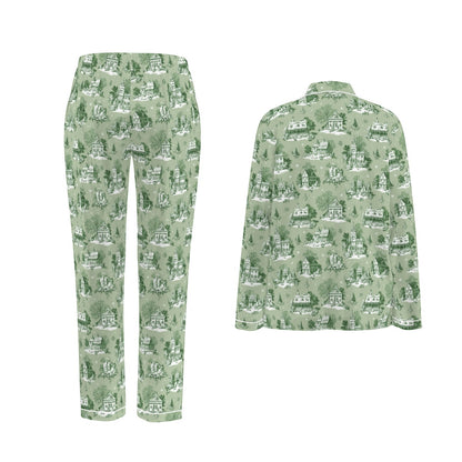 Sage Christmas Toile Women's Long Sleeve Pajama Set With White Contrast Piping