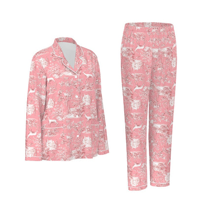 Pink Christmas Toile Women's Long Sleeve Pajama Set With White Contrast Piping