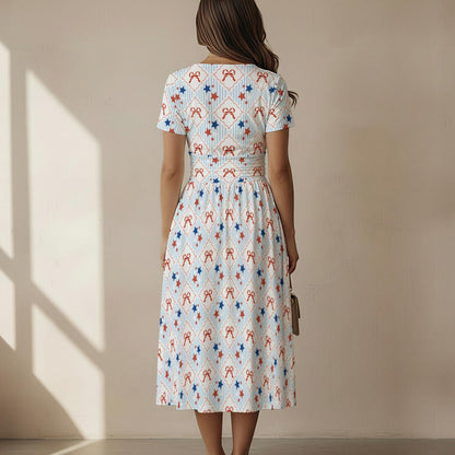 Patriotic Trellis Women's Short Sleeve V Neck Midi Dress