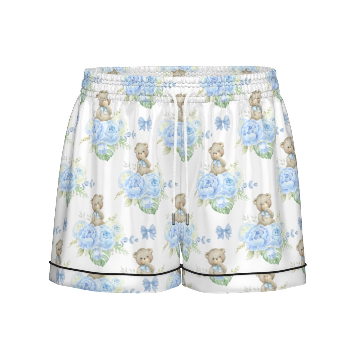 Blue Floral Teddy Bear Women's Pajama Set With Short Sleeve