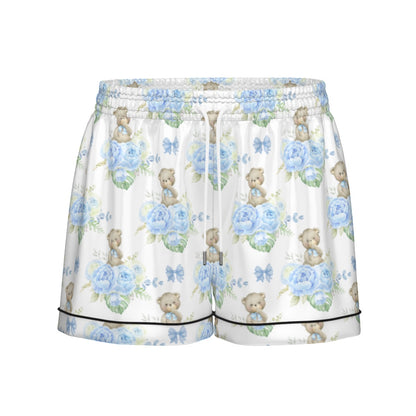 Blue Floral Teddy Bear Women's Pajama Set With Short Sleeve