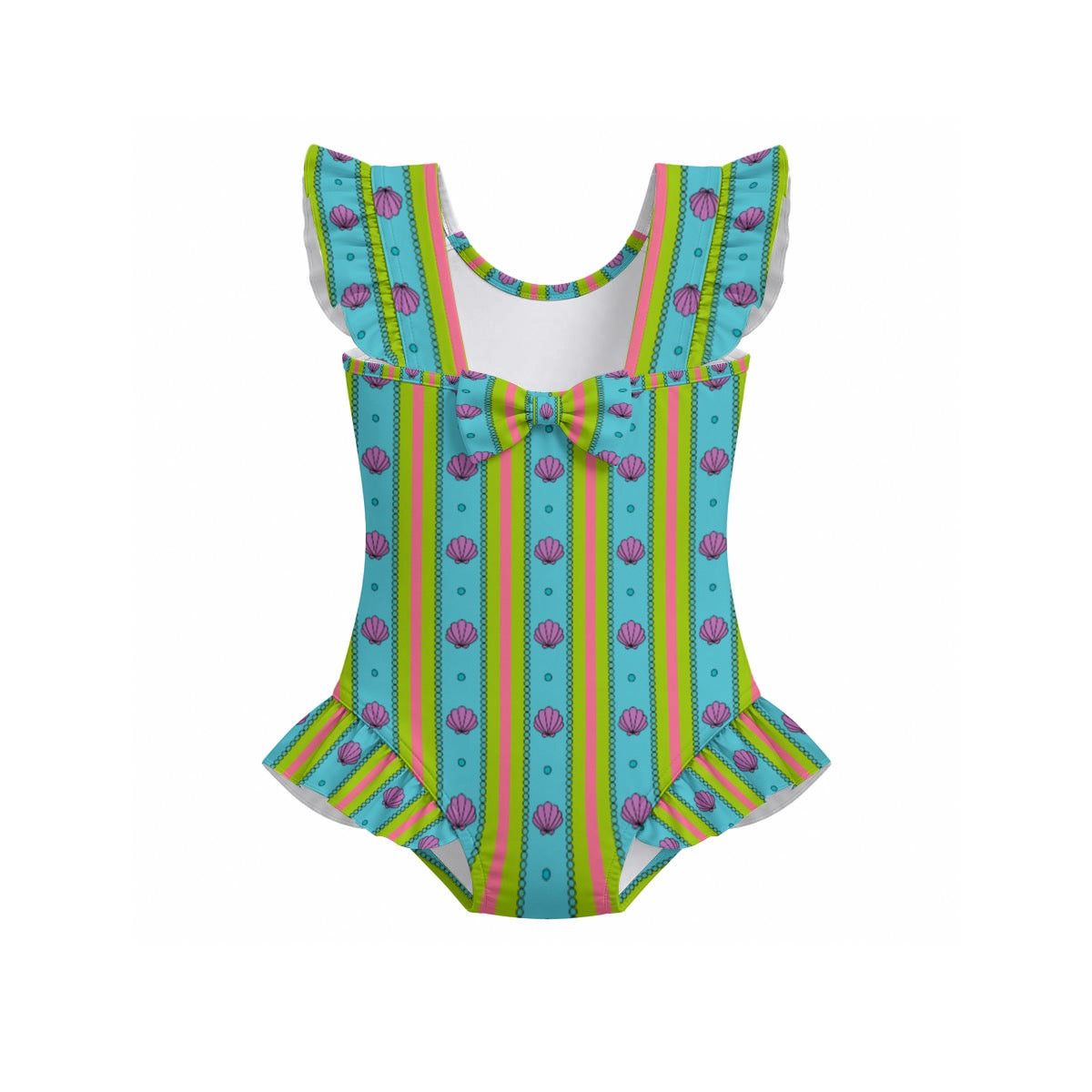 Shells & Striped Girls' Ruffle Sleeve Swimsuit With Bow