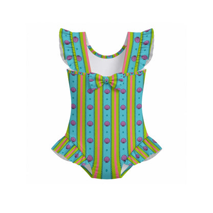 Shells & Striped Girls' Ruffle Sleeve Swimsuit With Bow