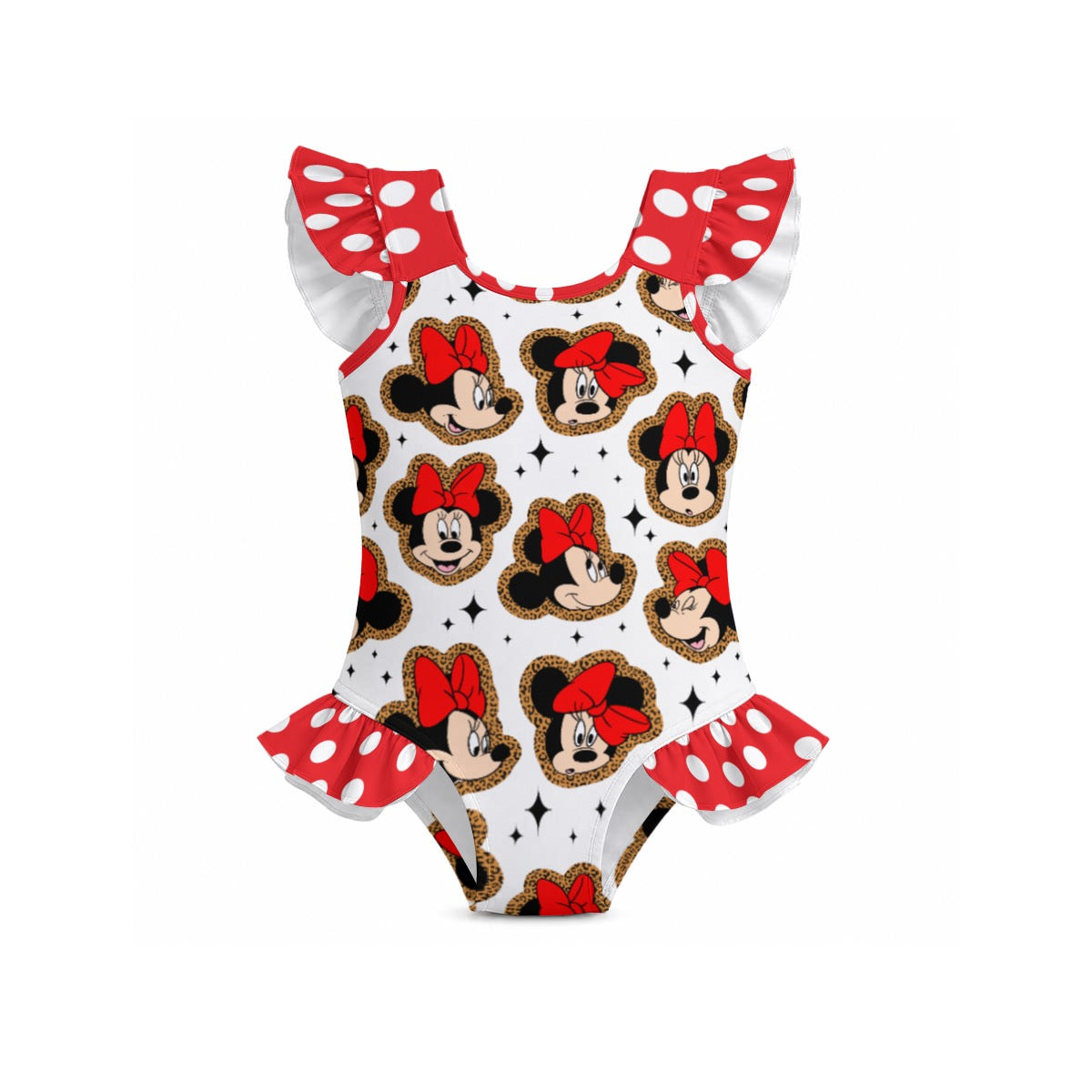 Leopard Minnie Girls' Ruffle Sleeve Swimsuit With Bow