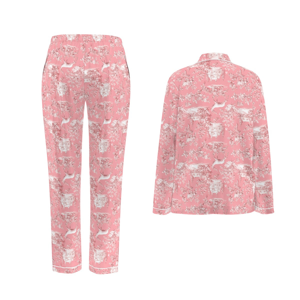 Pink Christmas Toile Women's Long Sleeve Pajama Set With White Contrast Piping