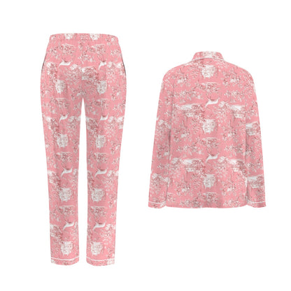 Pink Christmas Toile Women's Long Sleeve Pajama Set With White Contrast Piping