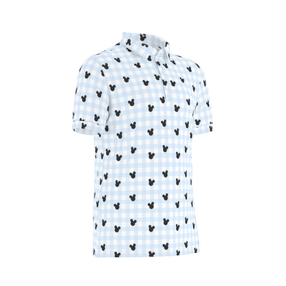 Blue Gingham Men's Stretch Collar Polo Shirt