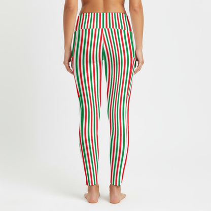 Vertical Christmas Stripe Women's High Waist Leggings With Side Pocket