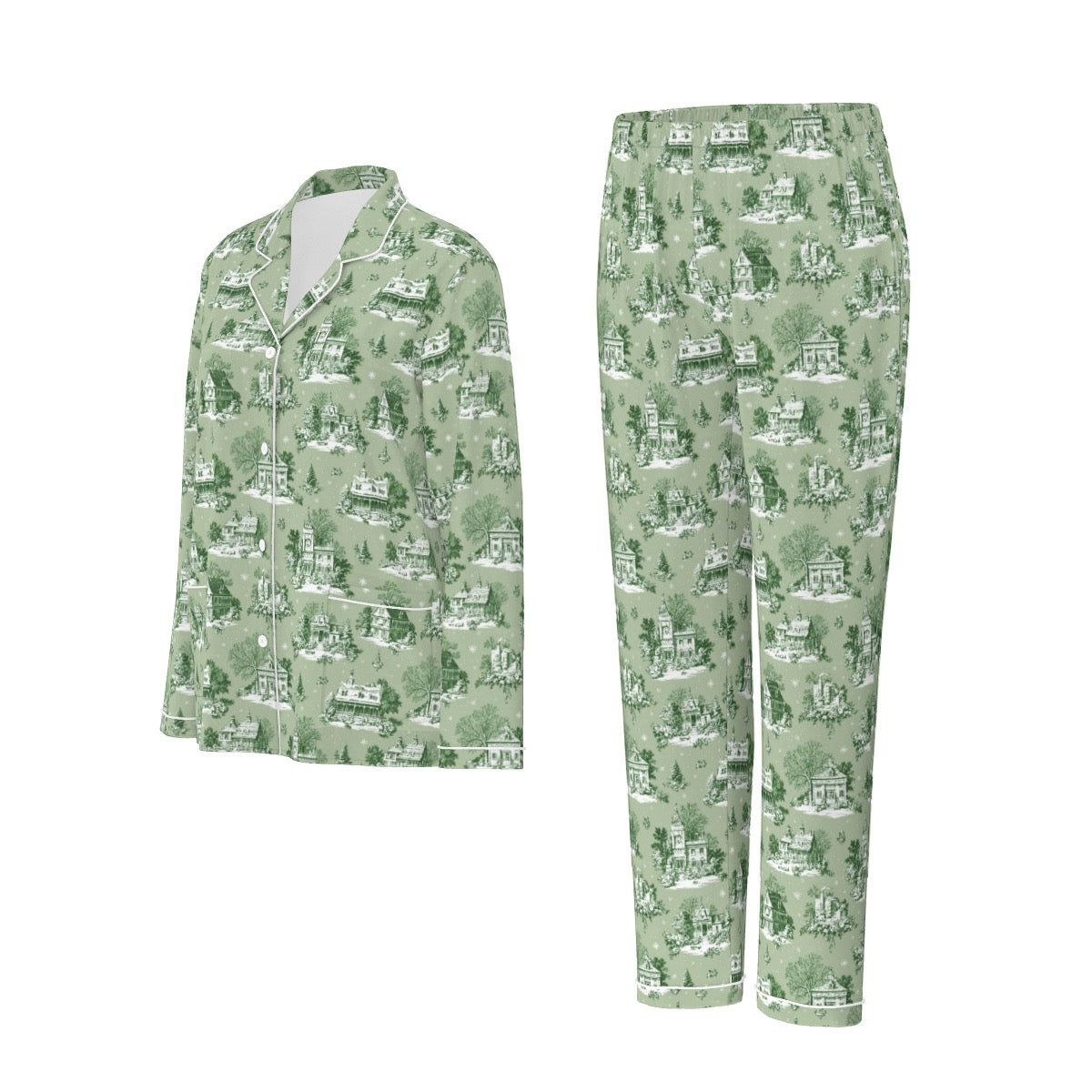 Sage Christmas Toile Women's Long Sleeve Pajama Set With White Contrast Piping
