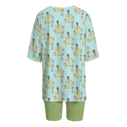 Tia [aqua] & Lotus Flowers [smaller print] Women's T-shirt Set With Short Sleeve
