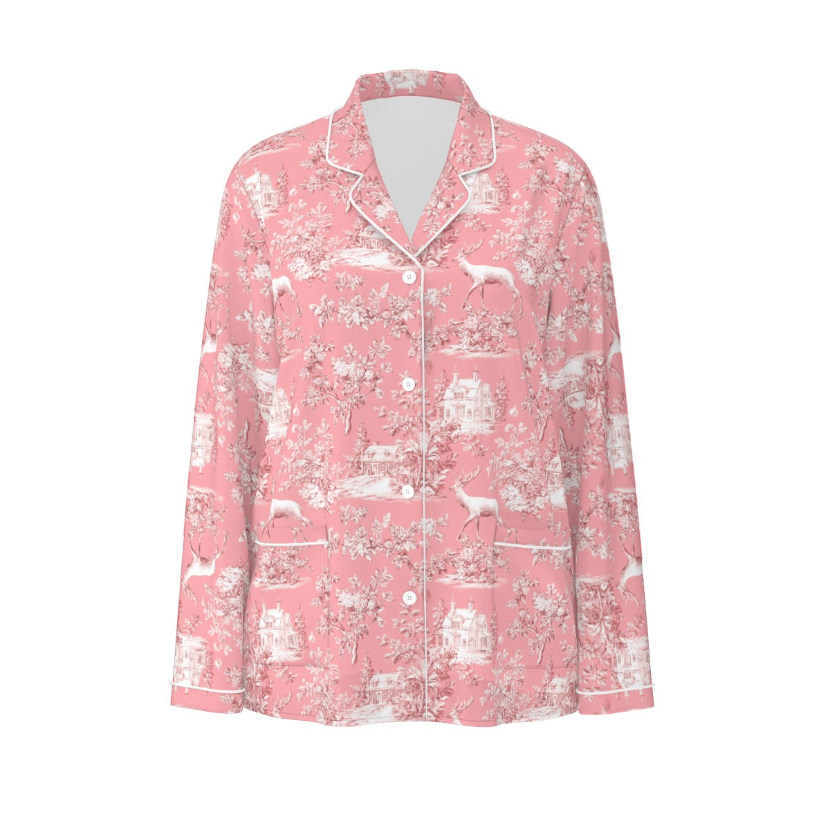 Pink Christmas Toile Women's Long Sleeve Pajama Set With White Contrast Piping