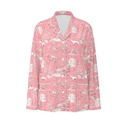 Pink Christmas Toile Women's Long Sleeve Pajama Set With White Contrast Piping