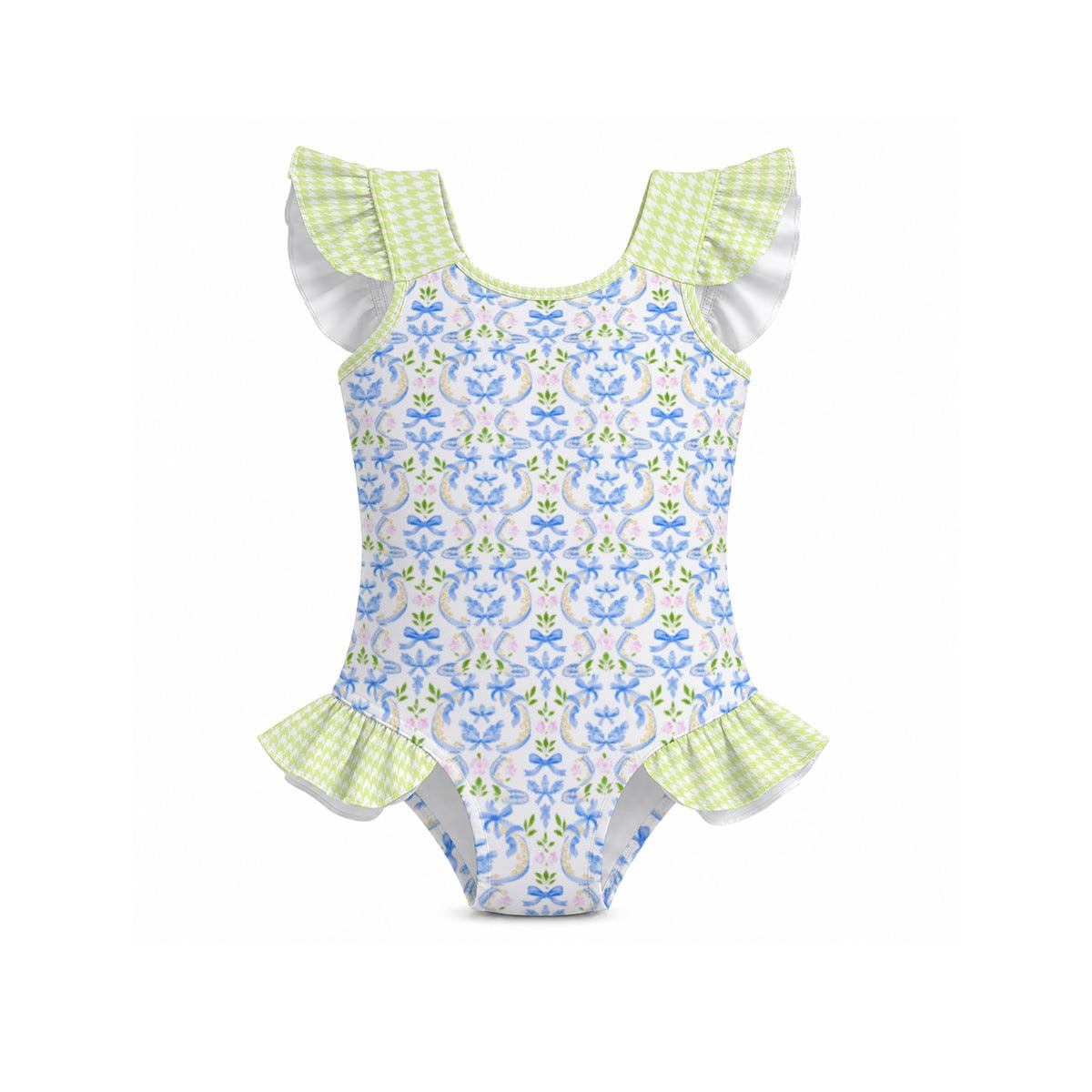 Grandmillenial Blue Bow & Grandmillenial Green Houndstooth Girls' Ruffle Sleeve Swimsuit