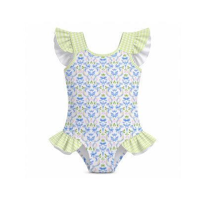 Grandmillenial Blue Bow & Grandmillenial Green Houndstooth Girls' Ruffle Sleeve Swimsuit