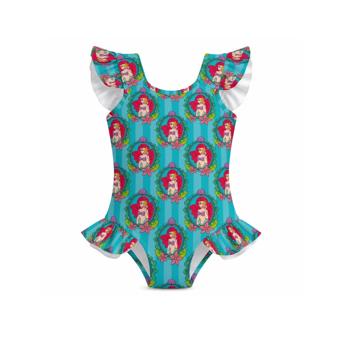 Striped Teal Mermaid Frame Girls' Ruffle Sleeve Swimsuit With Bow