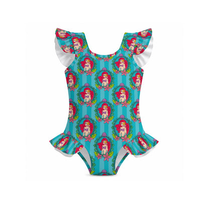 Striped Teal Mermaid Frame Girls' Ruffle Sleeve Swimsuit With Bow