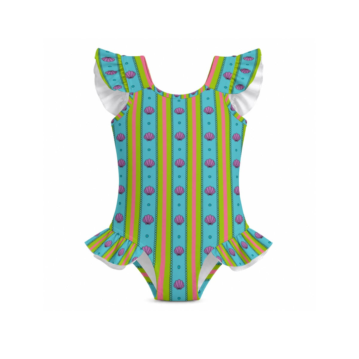 Shells & Striped Girls' Ruffle Sleeve Swimsuit With Bow