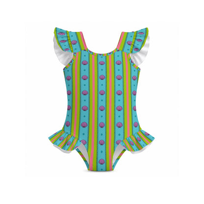 Shells & Striped Girls' Ruffle Sleeve Swimsuit With Bow