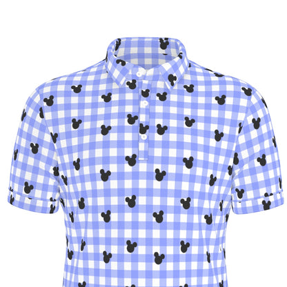 Bright Blue Gingham Men's Stretch Collar Polo Shirt