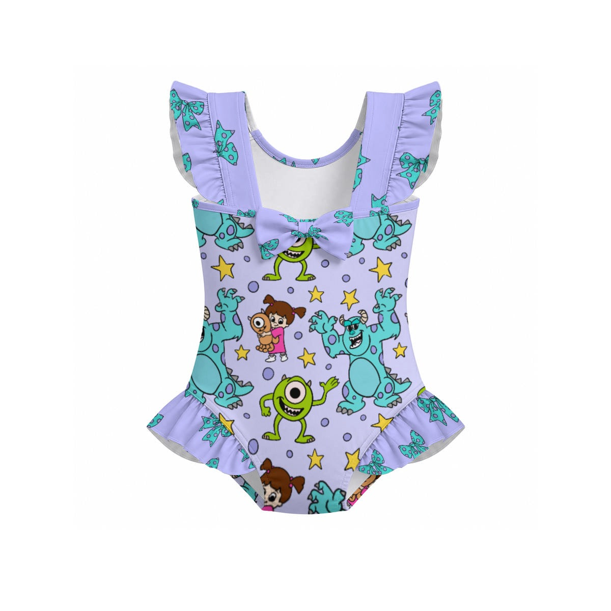 Purple Friendly Monsters Girls' Ruffle Sleeve Swimsuit With Bow