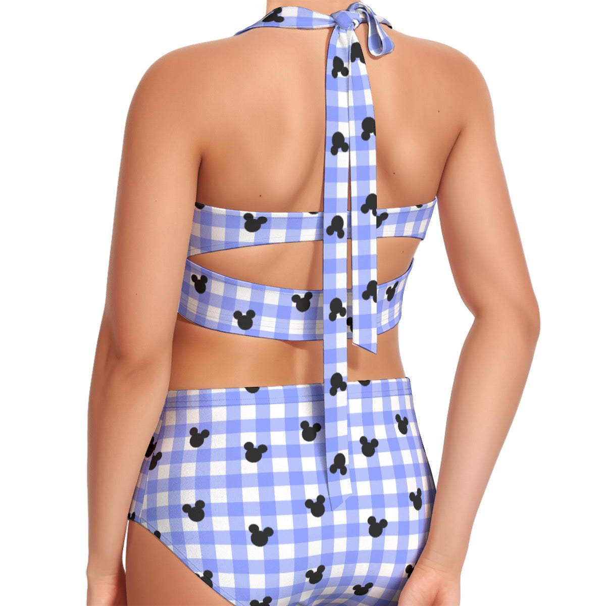 Bright Blue Gingham Women's Swimsuit Set With Halter