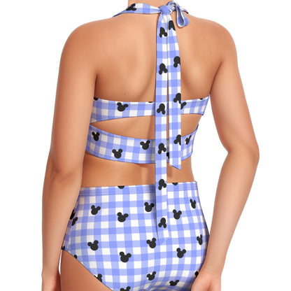 Bright Blue Gingham Women's Swimsuit Set With Halter