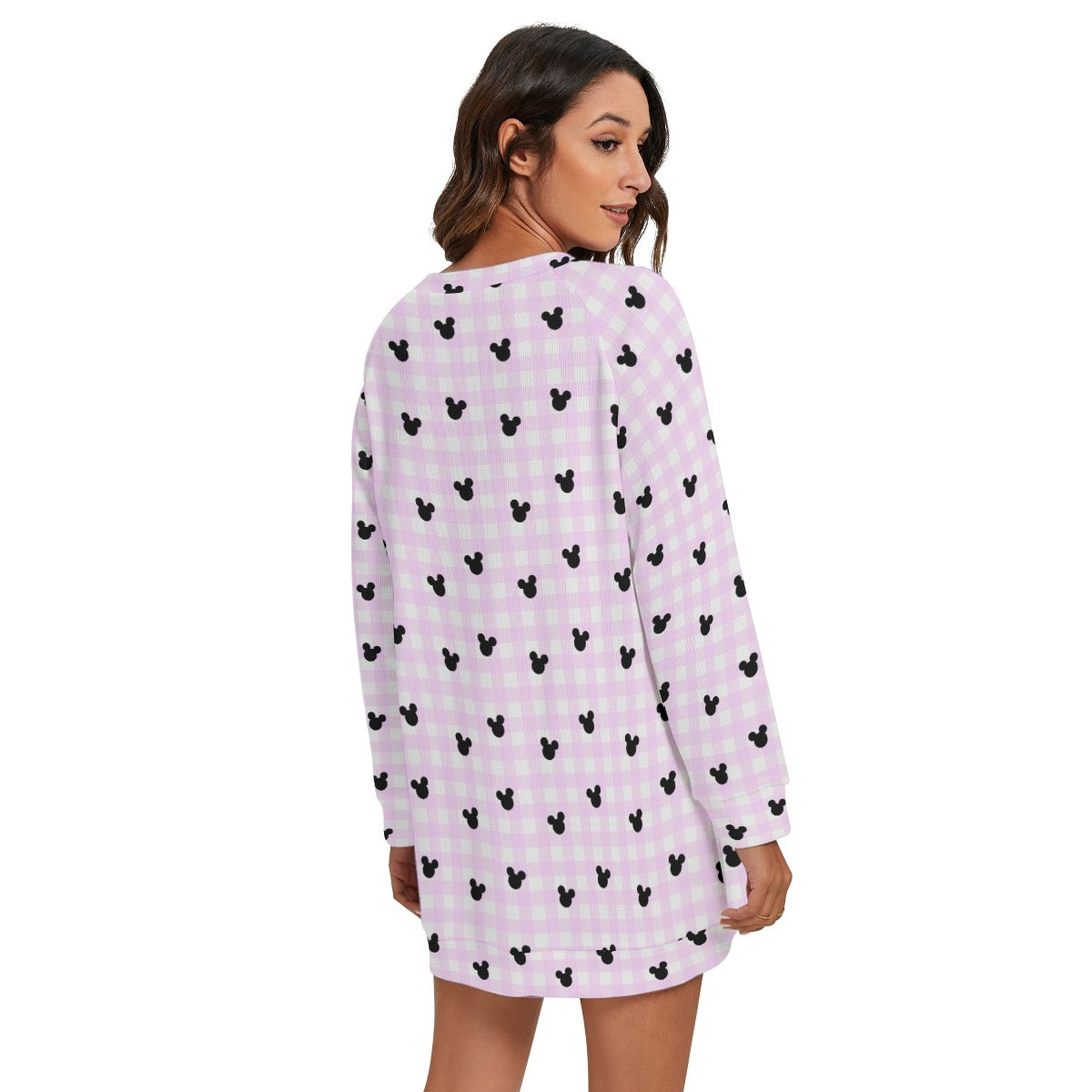 Bright Pink Gingham Women's Round Neck Raglan Sleeve Sweater