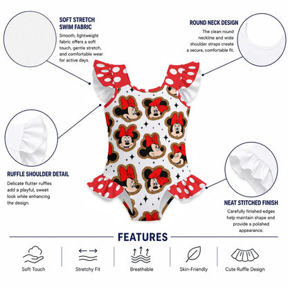 Leopard Minnie Girls' Ruffle Sleeve Swimsuit With Bow