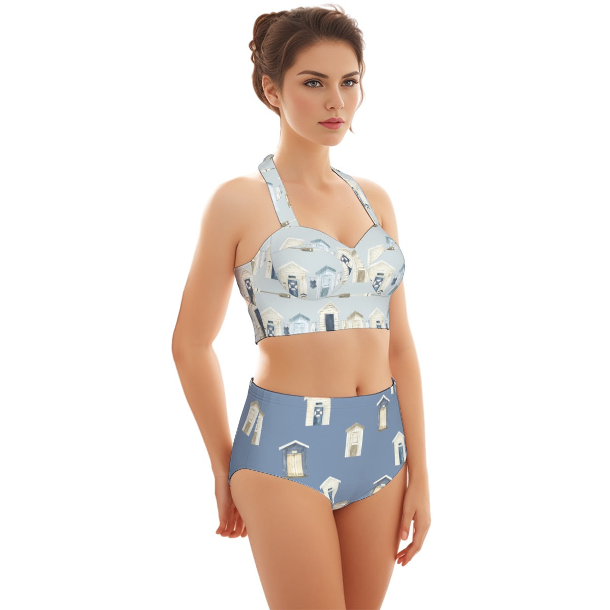 Beach Houses & Oars/Dark Blue Beach Houses Women's Swimsuit Set With Halter
