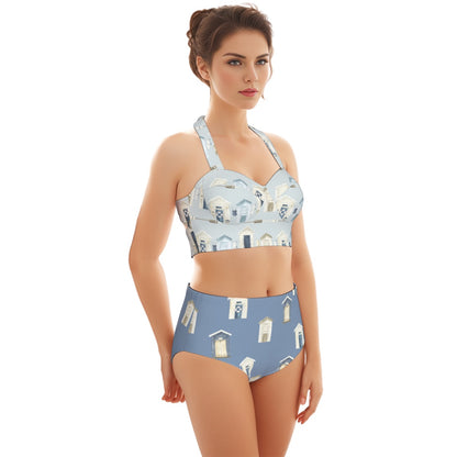 Beach Houses & Oars/Dark Blue Beach Houses Women's Swimsuit Set With Halter