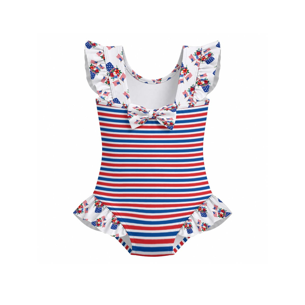 RWB Stripe Girls' Ruffle Sleeve Swimsuit With Bow