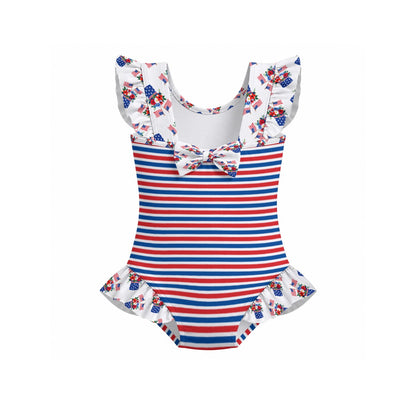 RWB Stripe Girls' Ruffle Sleeve Swimsuit With Bow