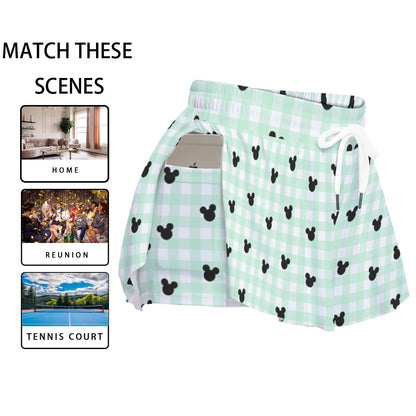 Green Gingham Women's Sport Skorts With Pocket