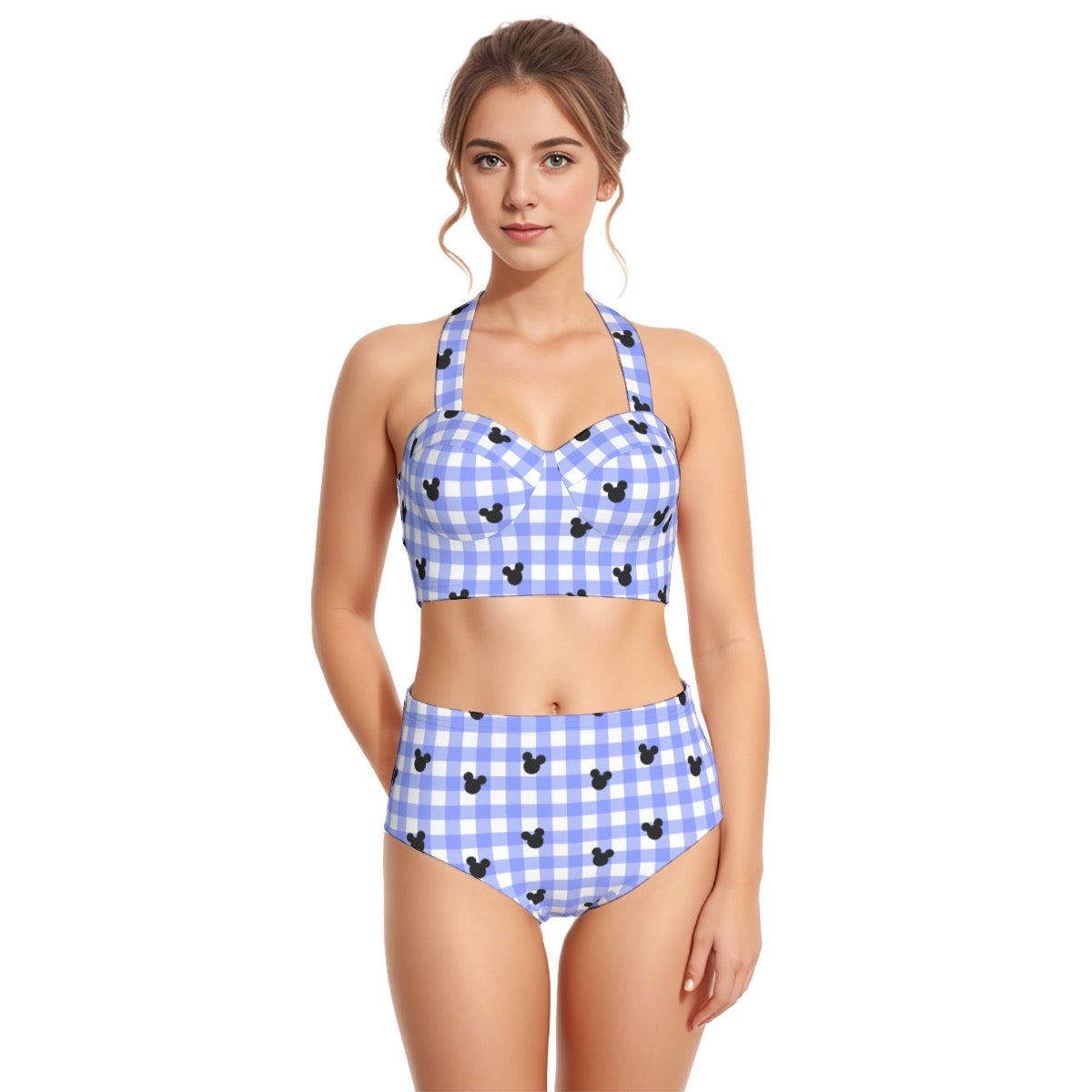 Bright Blue Gingham Women's Swimsuit Set With Halter