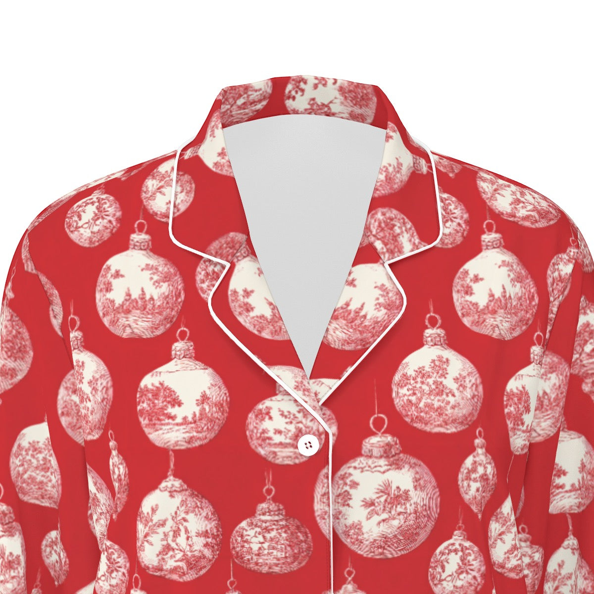 Red Toile Christmas Ornaments Women's Long Sleeve Pajama Set With White Contrast Piping