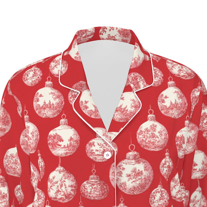 Red Toile Christmas Ornaments Women's Long Sleeve Pajama Set With White Contrast Piping