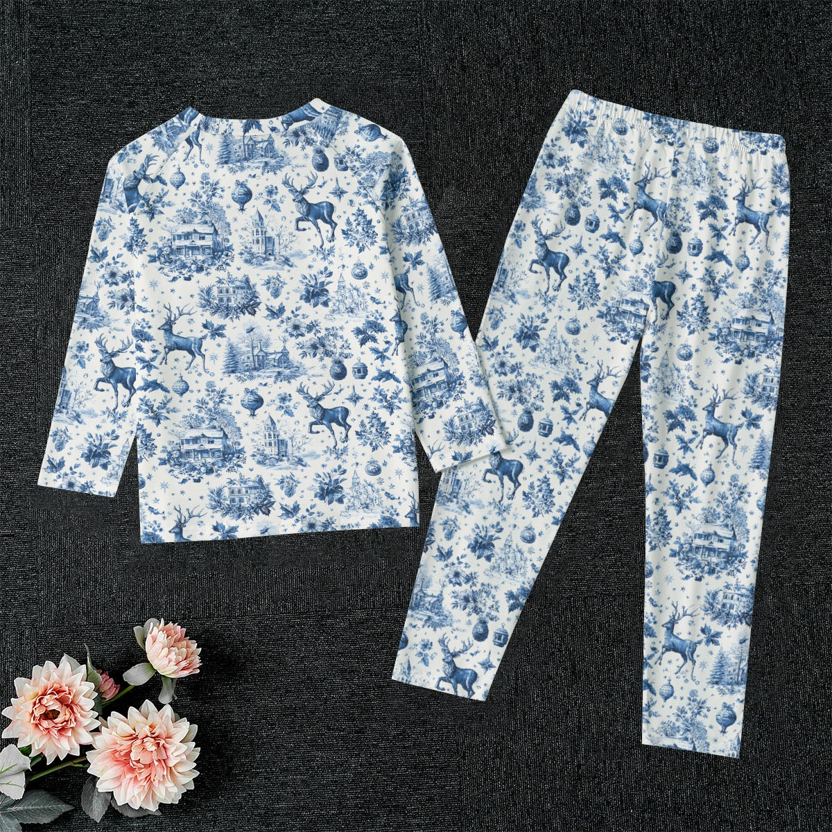 Blue Christmas Toile Kid's Raglan Sleeve Pajamas