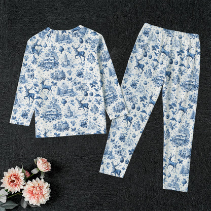 Blue Christmas Toile Kid's Raglan Sleeve Pajamas