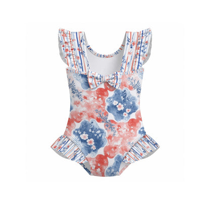 Patriotic Watercolor Floral Girls' Ruffle Sleeve Swimsuit With Bow