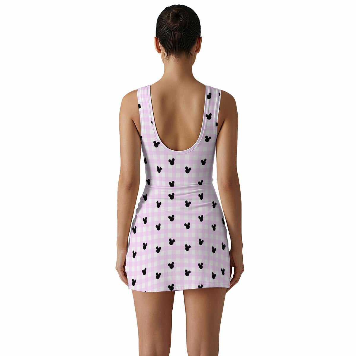 Bright Pink Gingham  Women's Sleeveless Bodysuit Dress
