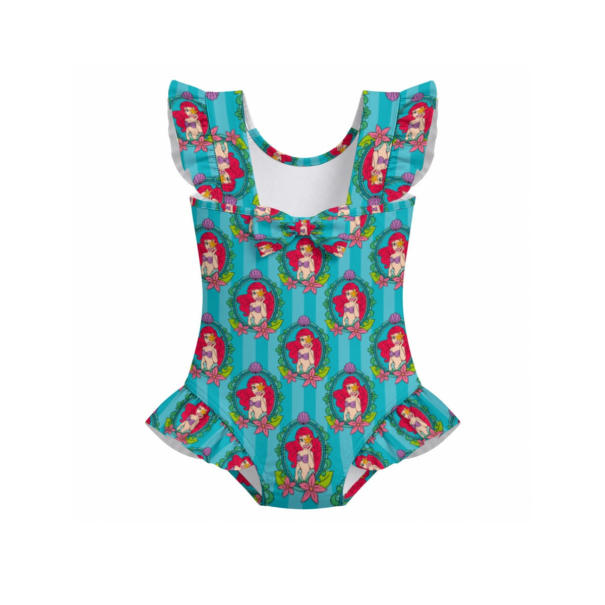 Striped Teal Mermaid Frame Girls' Ruffle Sleeve Swimsuit With Bow