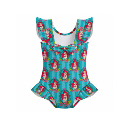 Striped Teal Mermaid Frame Girls' Ruffle Sleeve Swimsuit With Bow
